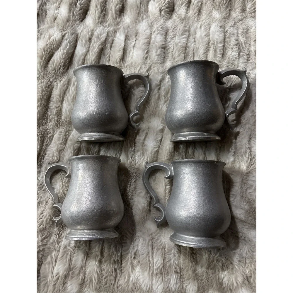 4 Pewter MUGS COFFEE CUPS BEER STEINS Queen Anne Style Vintage 4.25